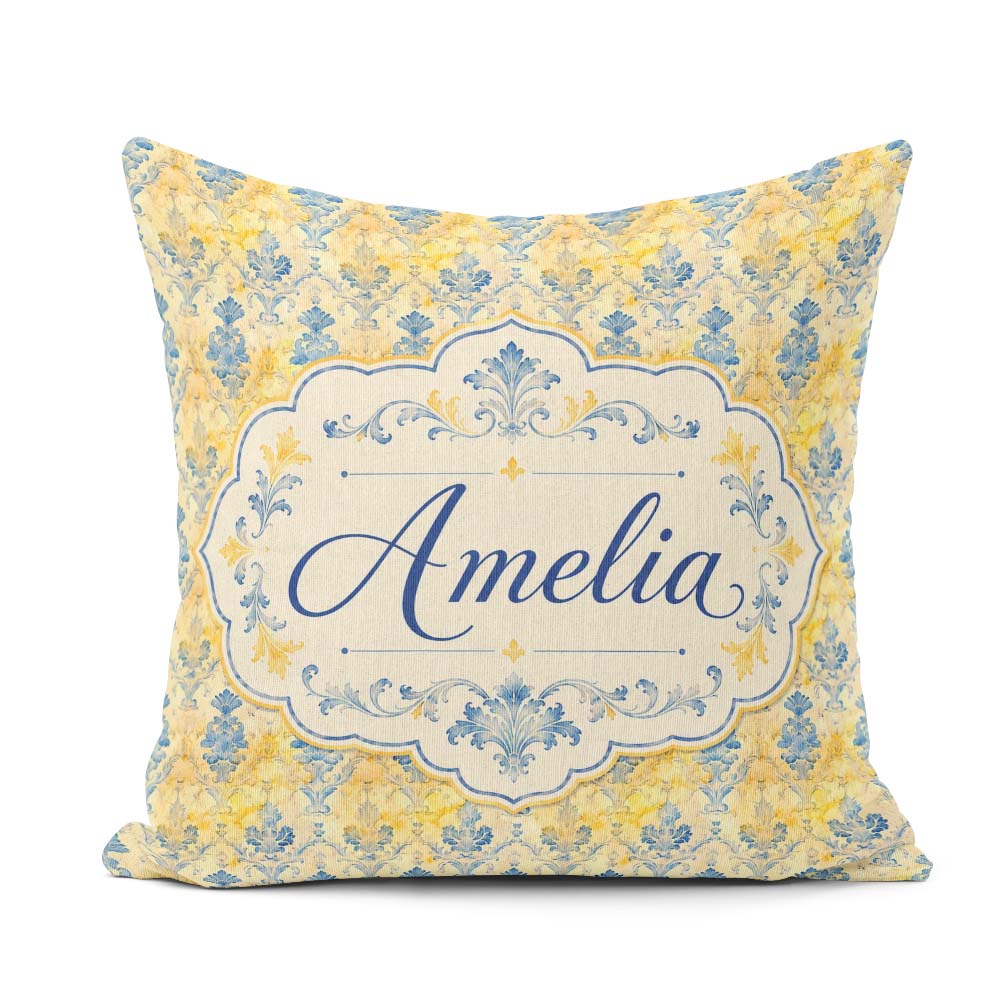 Custom Name Elegant Blue Gold Marble Effect Damask Seamless Name Square Filled Cushion Throw Pillow Sofa Bed Home Decor Zip Washable UK Made
