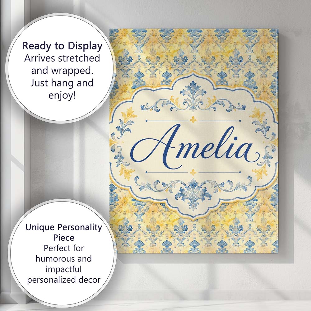 Personalised Name Elegant Blue Gold Marble Custom Bespoke Contemporary Statement Canvas Wall Art Print Decor Picture Ready to Hang