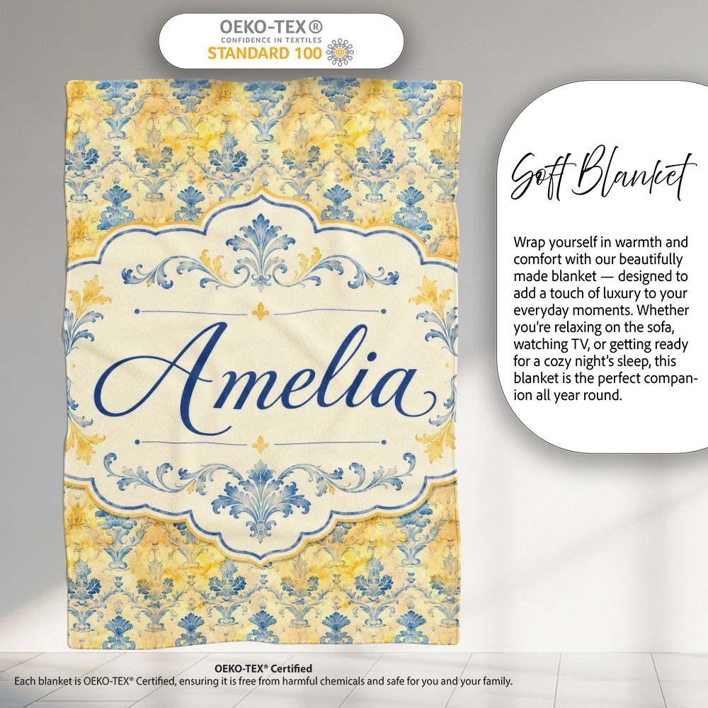 Elegant Blue Gold Marble Effect Damask Seamless Pattern Name Cute Personalised Custom Name Super Soft Fleece Blanket Bed Sofa Throw