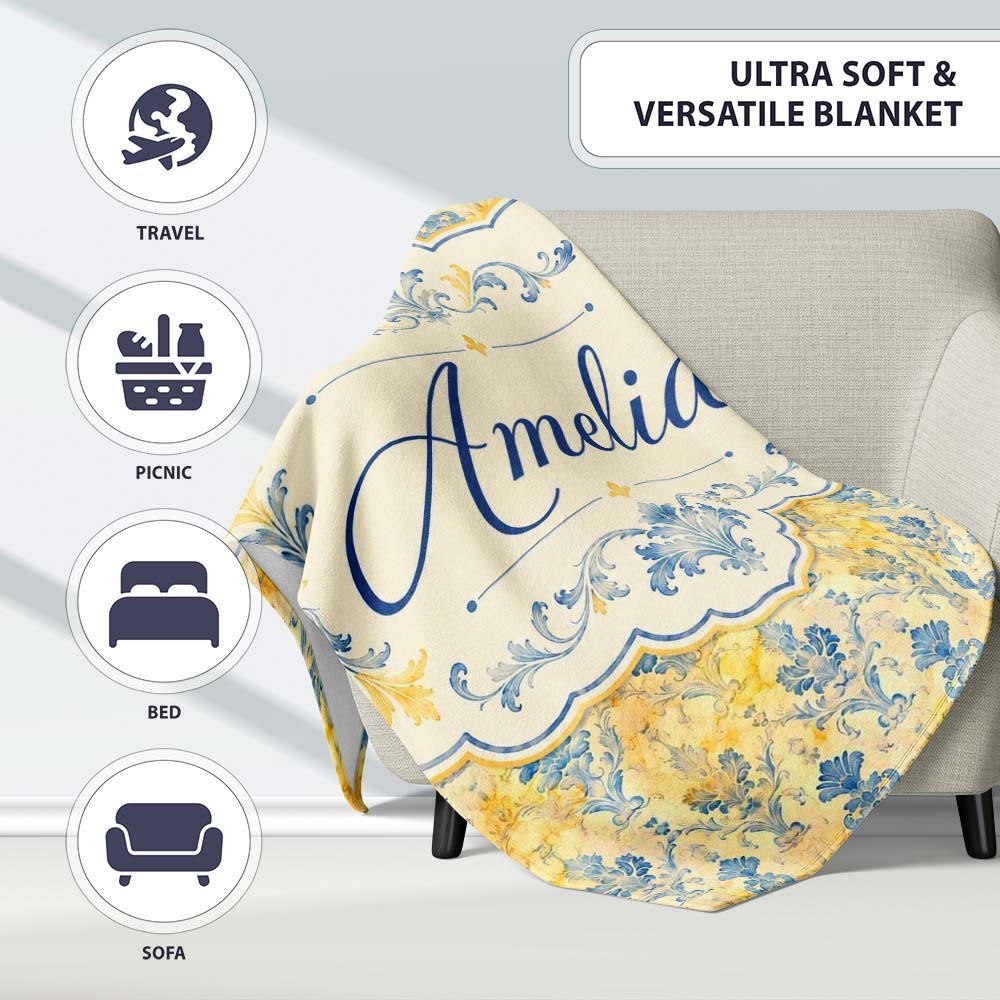 Elegant Blue Gold Marble Effect Damask Seamless Pattern Name Cute Personalised Custom Name Super Soft Fleece Blanket Bed Sofa Throw