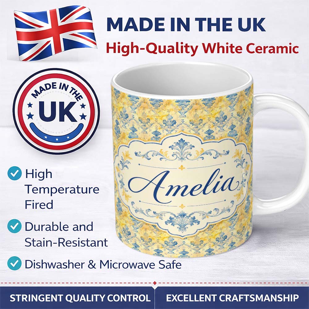 Personalized Custom Name Elegant Blue Gold Marble Effect Damask Seamless Pattern Name Cute 11oz Ceramic Coffee Tea Mug White Large Handle