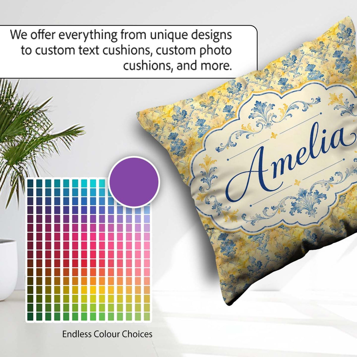 Custom Name Elegant Blue Gold Marble Effect Damask Seamless Name Square Filled Cushion Throw Pillow Sofa Bed Home Decor Zip Washable UK Made