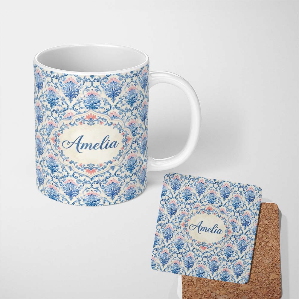 Personalized Custom Name Blue Floral Baroque Scroll Classic Seamless Pattern Name Cute 11oz Ceramic Coffee Tea Mug White Large Handle