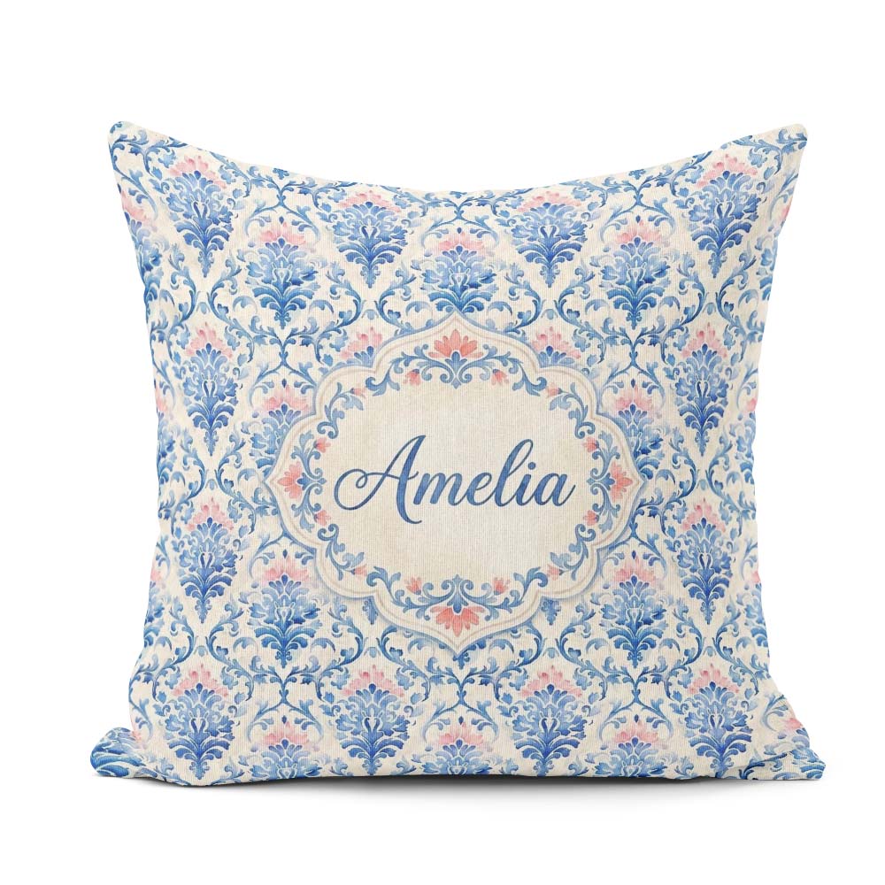 Custom Name Blue Floral Baroque Scroll Classic Pattern Name Cute Square Filled Cushion Throw Pillow Sofa Bed Home Decor Zip Washable UK Made