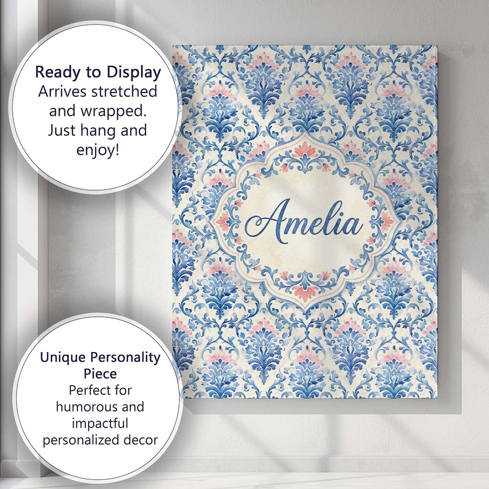 Personalised Name Blue Floral Baroque Custom Modern Room Accent Creative Decorator Style Canvas Wall Art Print Decor Picture Ready to Hang