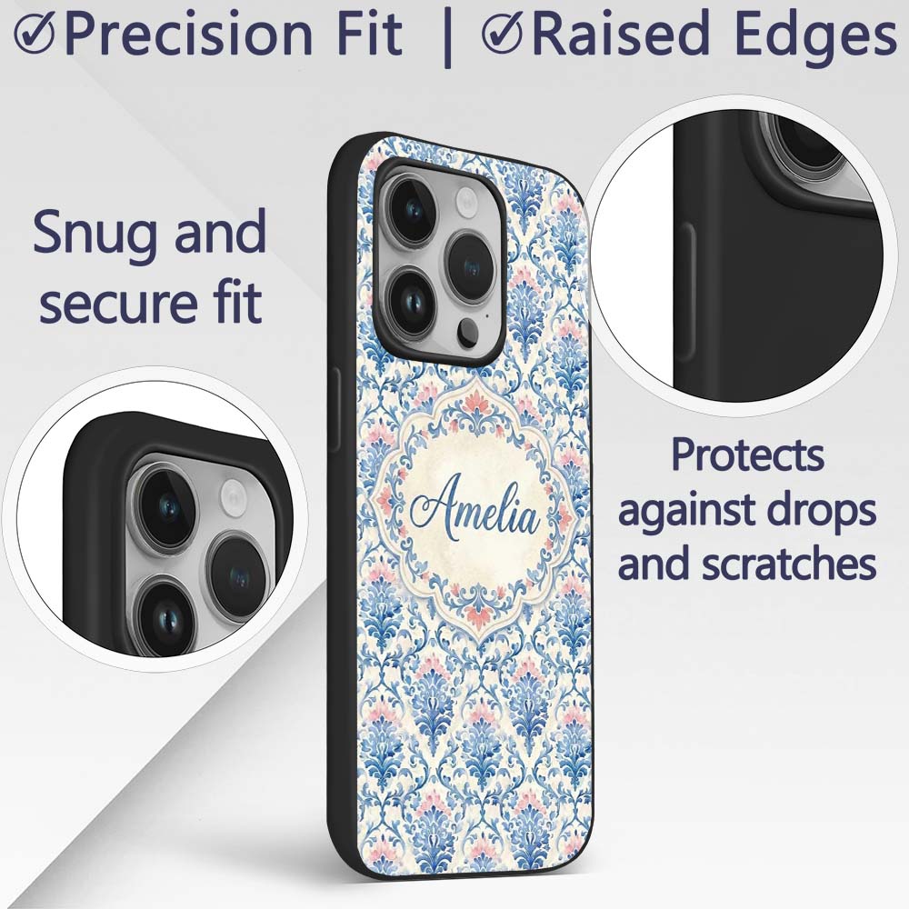 Blue Floral Baroque Scroll Classic Printed Design Custom Name Protective Phone Case Mobile Cover Durable Everyday Smartphone Shock Resistant