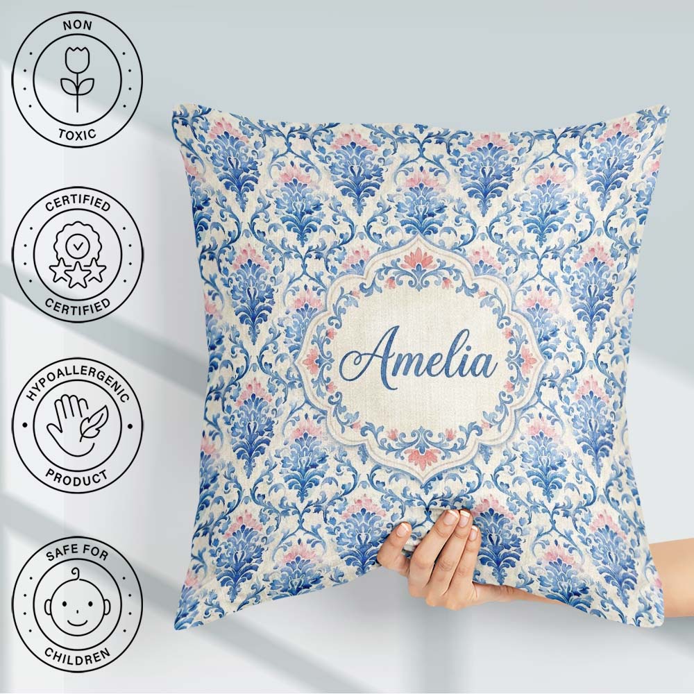 Custom Name Blue Floral Baroque Scroll Classic Pattern Name Cute Square Filled Cushion Throw Pillow Sofa Bed Home Decor Zip Washable UK Made