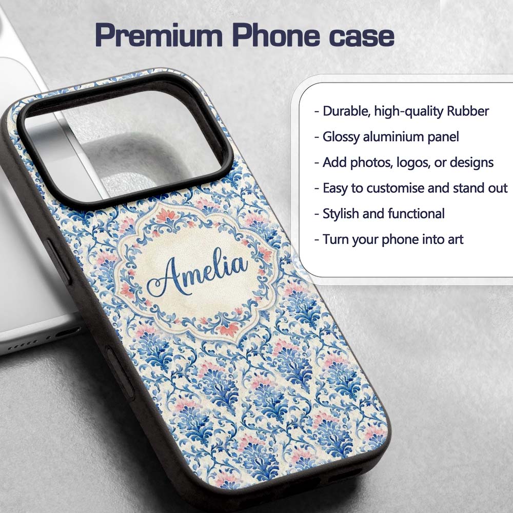 Blue Floral Baroque Scroll Classic Printed Design Custom Name Protective Phone Case Mobile Cover Durable Everyday Smartphone Shock Resistant