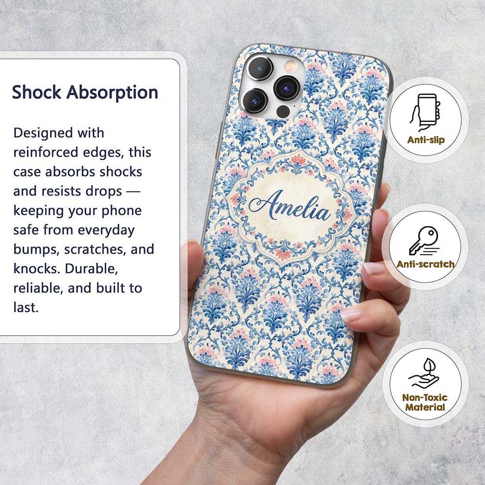 Blue Floral Baroque Scroll Classic Printed Design Custom Name Protective Phone Case Mobile Cover Durable Everyday Smartphone Shock Resistant