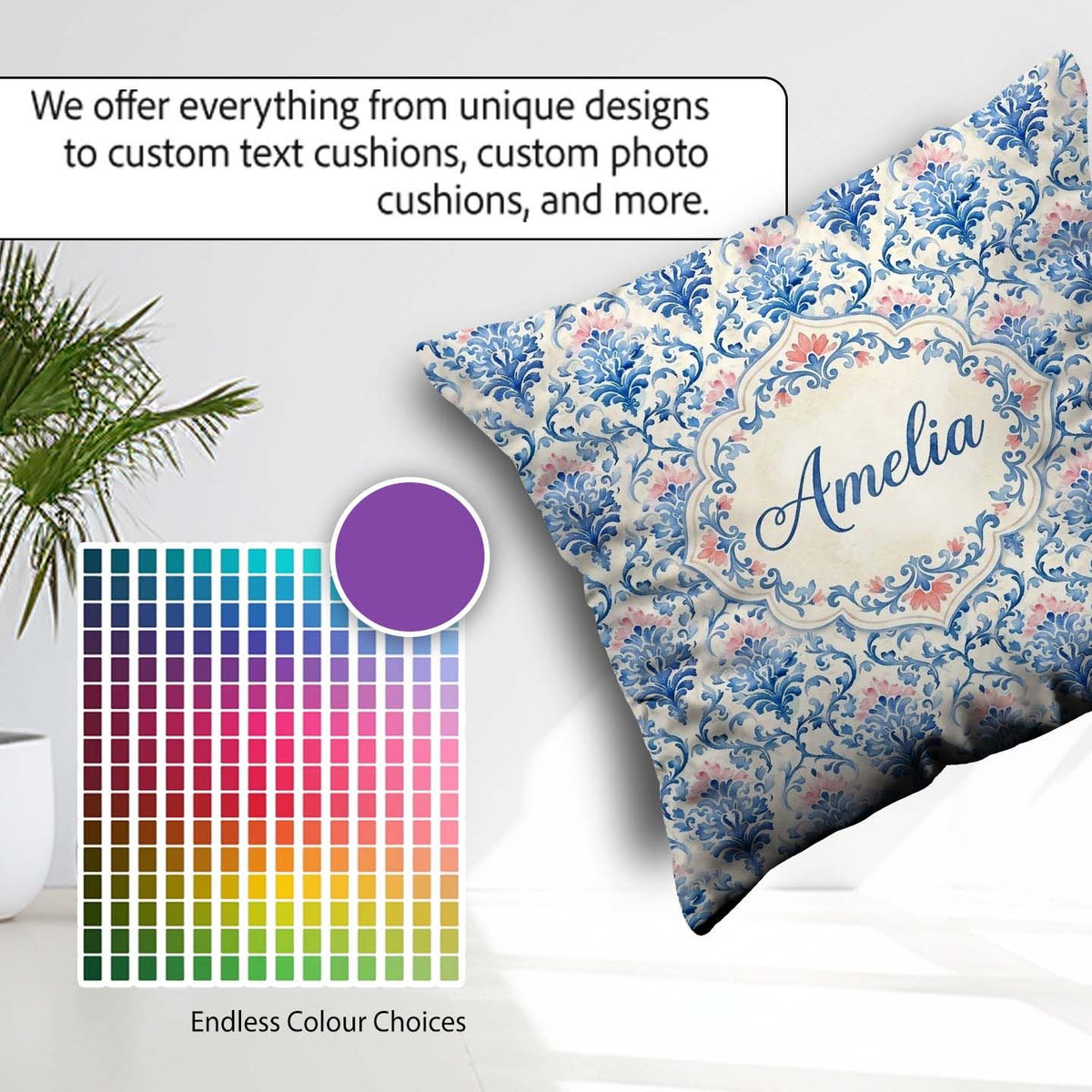 Custom Name Blue Floral Baroque Scroll Classic Pattern Name Cute Square Filled Cushion Throw Pillow Sofa Bed Home Decor Zip Washable UK Made