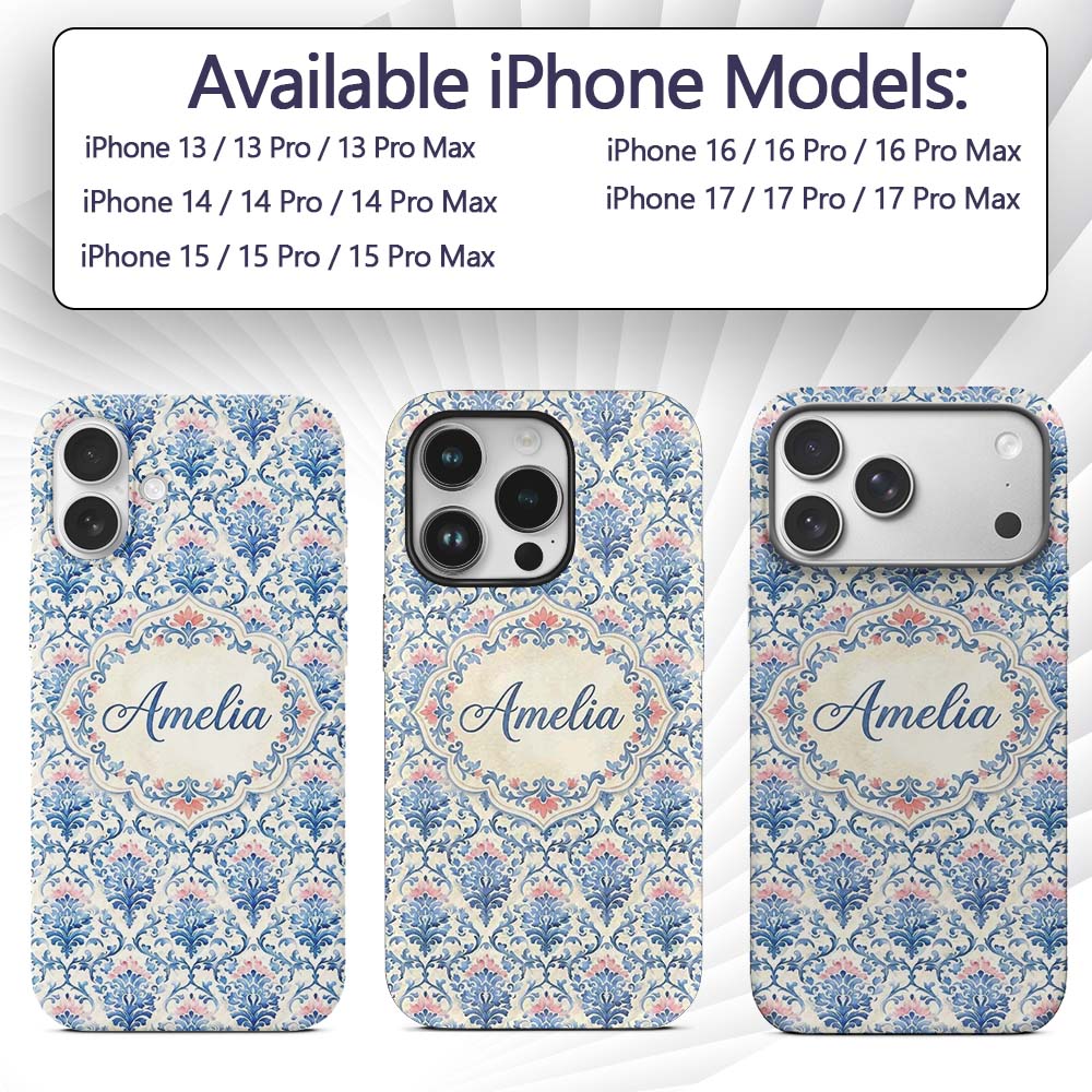 Blue Floral Baroque Scroll Classic Printed Design Custom Name Protective Phone Case Mobile Cover Durable Everyday Smartphone Shock Resistant
