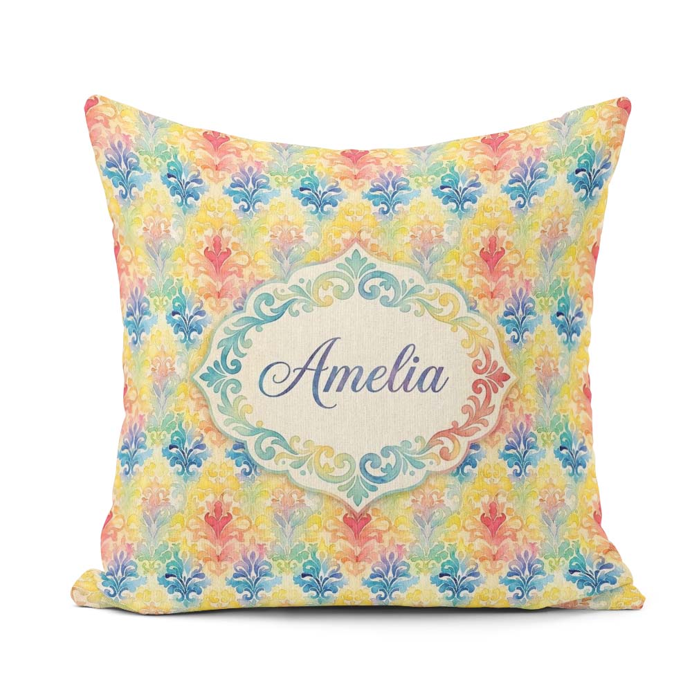 Custom Name Rainbow Watercolor Damask Artistic Pattern Name Cute Square Filled Cushion Throw Pillow Sofa Bed Home Decor Zip Washable UK Made