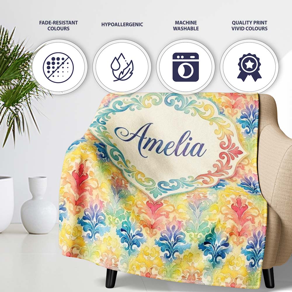 Rainbow Watercolor Damask Artistic Seamless Pattern Name Cute Personalised Custom Name Super Soft Fleece Blanket Bed Sofa Throw