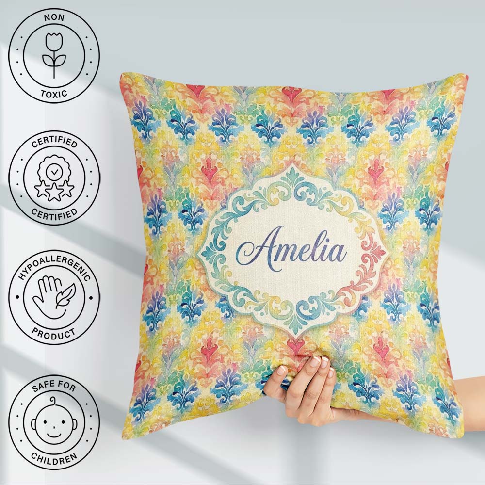 Custom Name Rainbow Watercolor Damask Artistic Pattern Name Cute Square Filled Cushion Throw Pillow Sofa Bed Home Decor Zip Washable UK Made