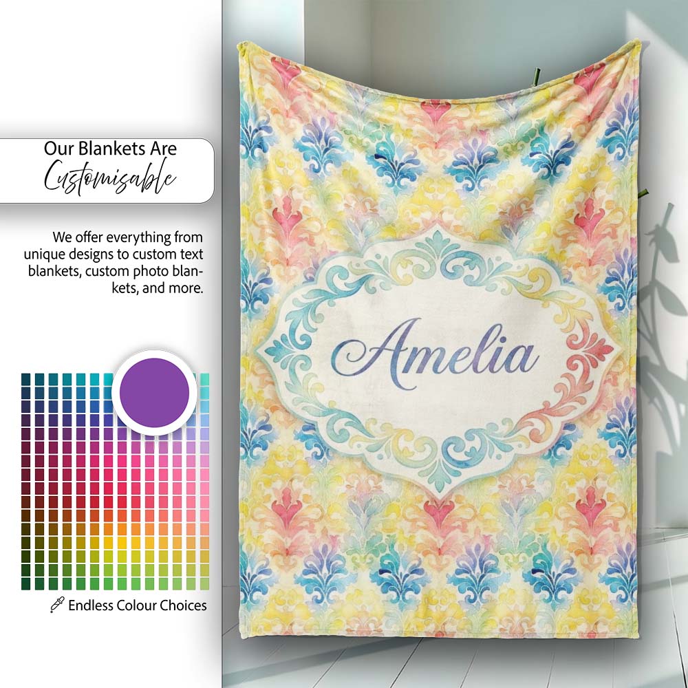 Rainbow Watercolor Damask Artistic Seamless Pattern Name Cute Personalised Custom Name Super Soft Fleece Blanket Bed Sofa Throw