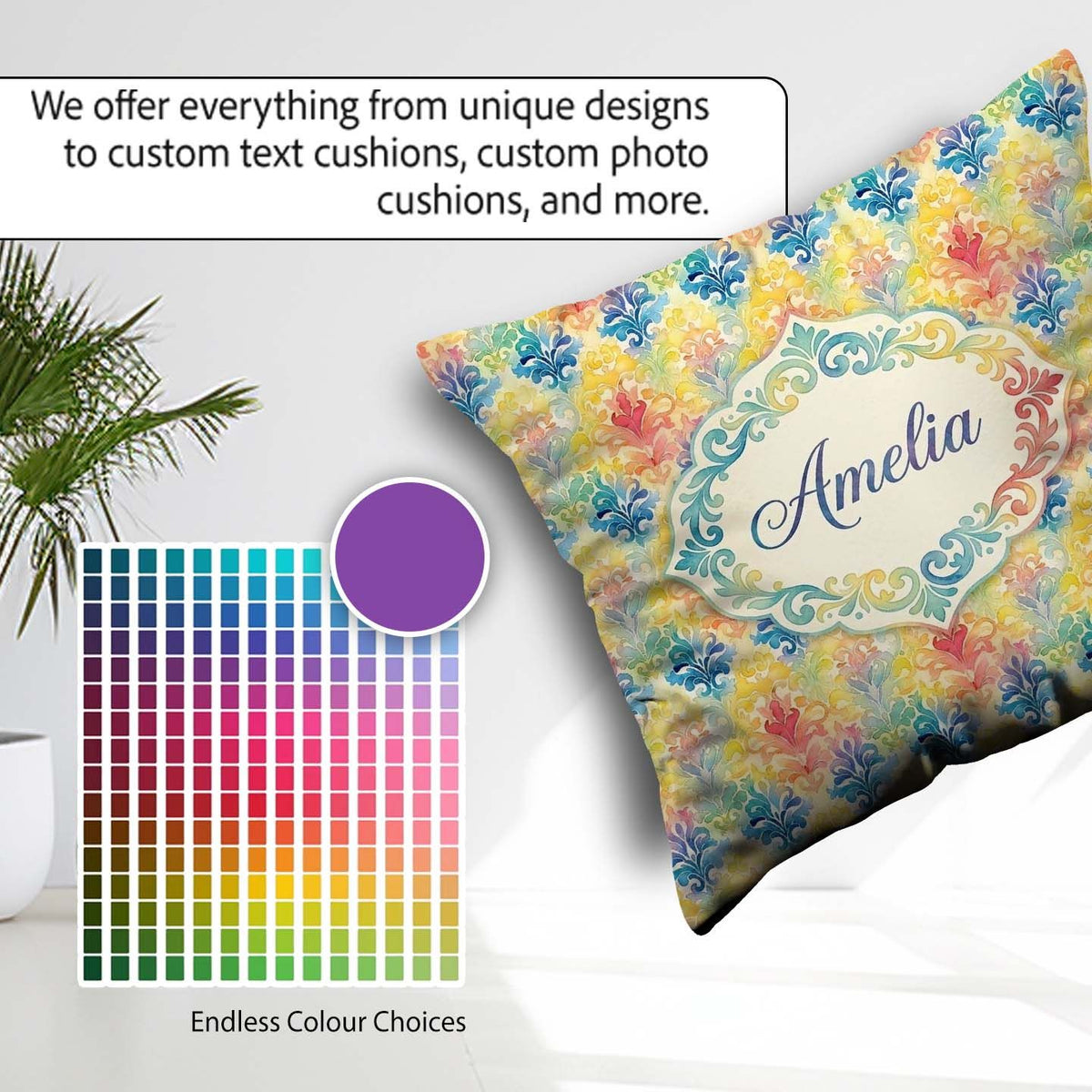 Custom Name Rainbow Watercolor Damask Artistic Pattern Name Cute Square Filled Cushion Throw Pillow Sofa Bed Home Decor Zip Washable UK Made
