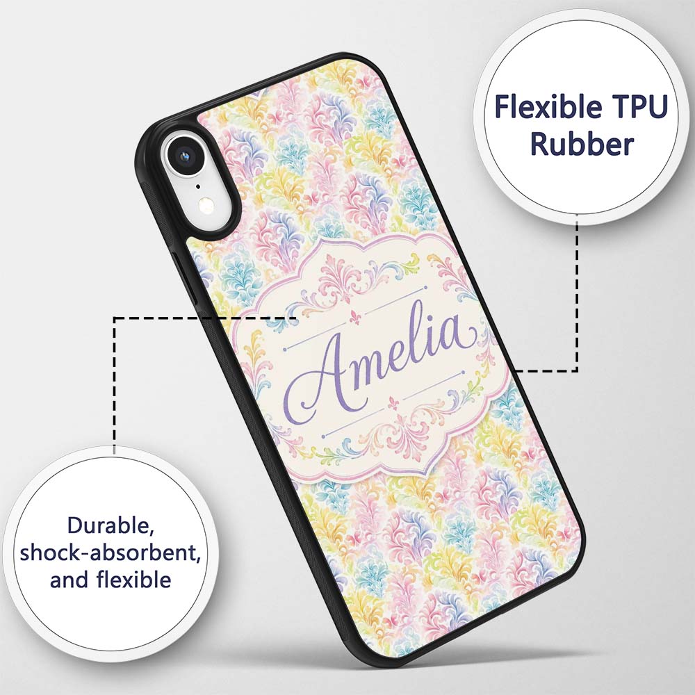 Pastel Rainbow Watercolor Damask Floral Seamless Custom Name Protective Phone Case Mobile Cover Durable Everyday Smartphone Shock Resistant