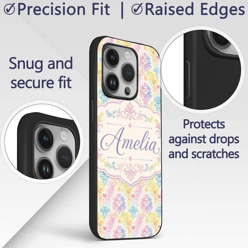 Pastel Rainbow Watercolor Damask Floral Seamless Custom Name Protective Phone Case Mobile Cover Durable Everyday Smartphone Shock Resistant