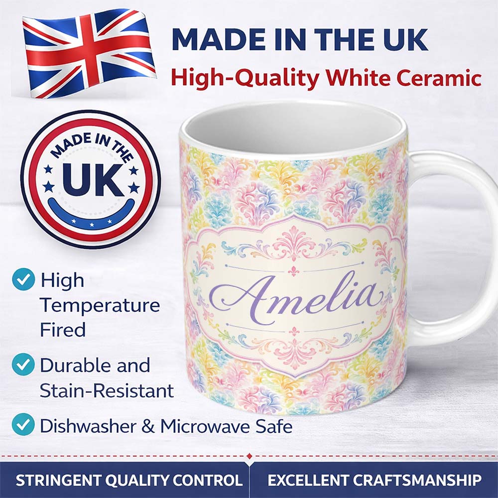 Personalized Custom Name Pastel Rainbow Watercolor Damask Floral Seamless Pattern Name Cute 11oz Ceramic Coffee Tea Mug White Large Handle