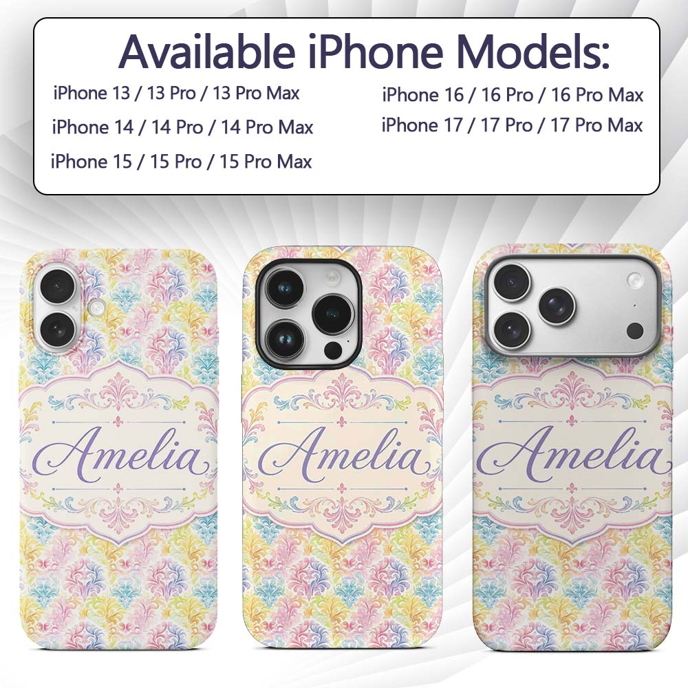 Pastel Rainbow Watercolor Damask Floral Seamless Custom Name Protective Phone Case Mobile Cover Durable Everyday Smartphone Shock Resistant
