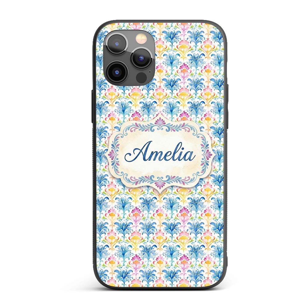 Bright Multicolor Floral Damask Printed Design Custom Name Protective Phone Case Mobile Cover Durable Everyday Smartphone Shock Resistant