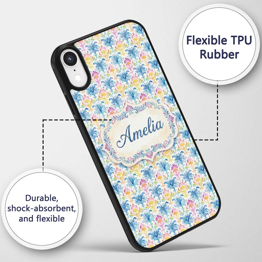 Bright Multicolor Floral Damask Printed Design Custom Name Protective Phone Case Mobile Cover Durable Everyday Smartphone Shock Resistant