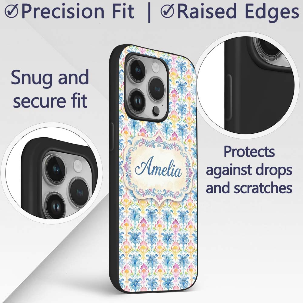 Bright Multicolor Floral Damask Printed Design Custom Name Protective Phone Case Mobile Cover Durable Everyday Smartphone Shock Resistant