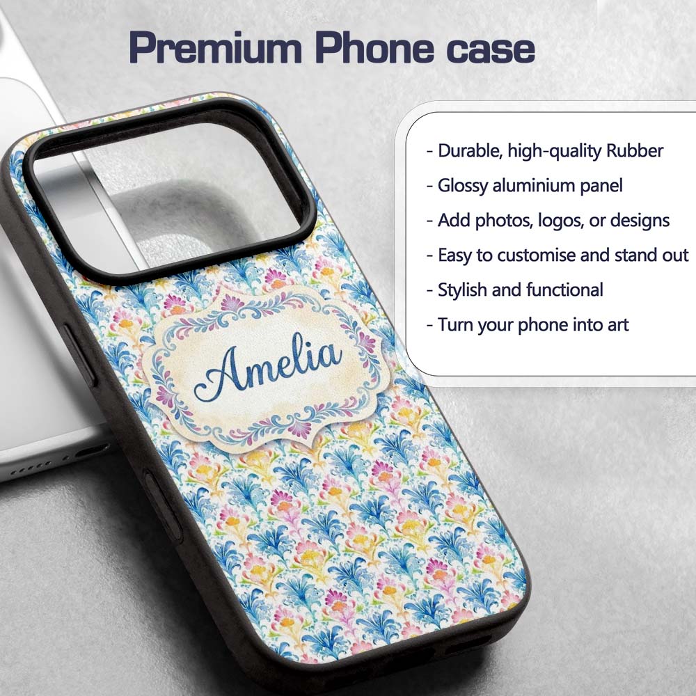 Bright Multicolor Floral Damask Printed Design Custom Name Protective Phone Case Mobile Cover Durable Everyday Smartphone Shock Resistant