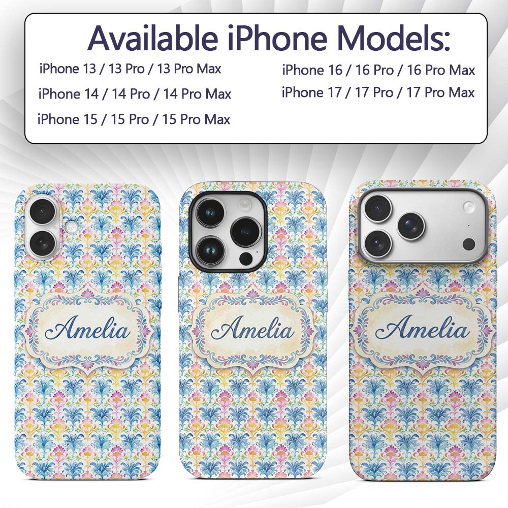 Bright Multicolor Floral Damask Printed Design Custom Name Protective Phone Case Mobile Cover Durable Everyday Smartphone Shock Resistant