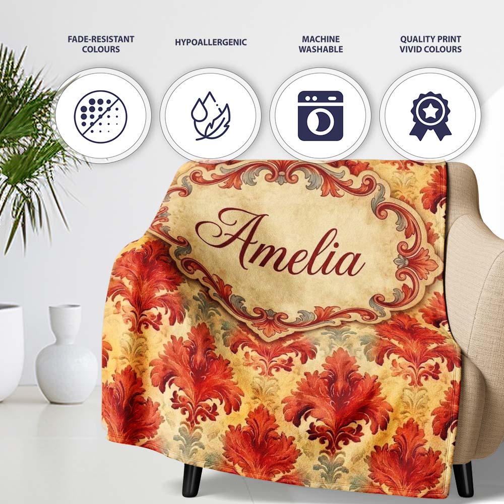Rich Red Vintage Baroque Damask Ornamental Seamless Pattern Name Personalised Custom Name Super Soft Fleece Blanket Bed Sofa Throw