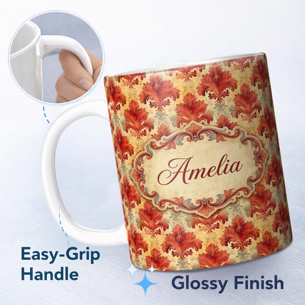 Personalized Custom Name Rich Red Vintage Baroque Damask Ornamental Seamless Pattern Name 11oz Ceramic Coffee Tea Mug White Large Handle