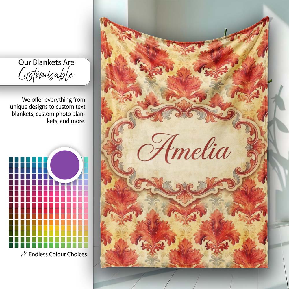 Rich Red Vintage Baroque Damask Ornamental Seamless Pattern Name Personalised Custom Name Super Soft Fleece Blanket Bed Sofa Throw