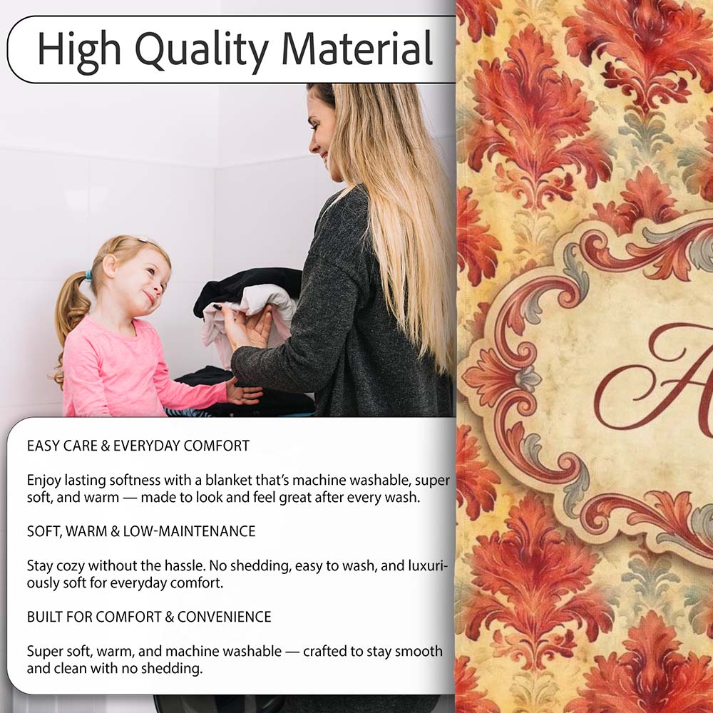 Rich Red Vintage Baroque Damask Ornamental Seamless Pattern Name Personalised Custom Name Super Soft Fleece Blanket Bed Sofa Throw