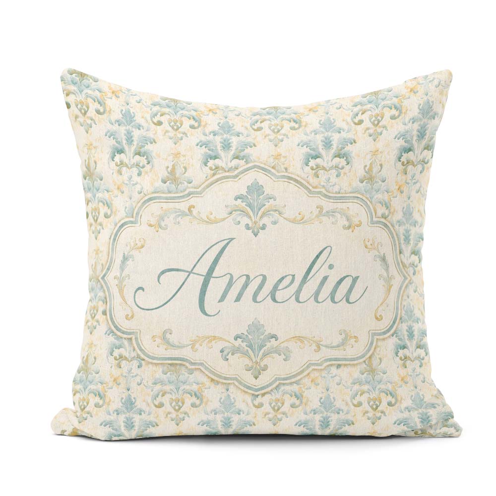 Custom Name Soft Sage Green Classic Damask Elegant Seamless Name Square Filled Cushion Throw Pillow Sofa Bed Home Decor Zip Washable UK Made