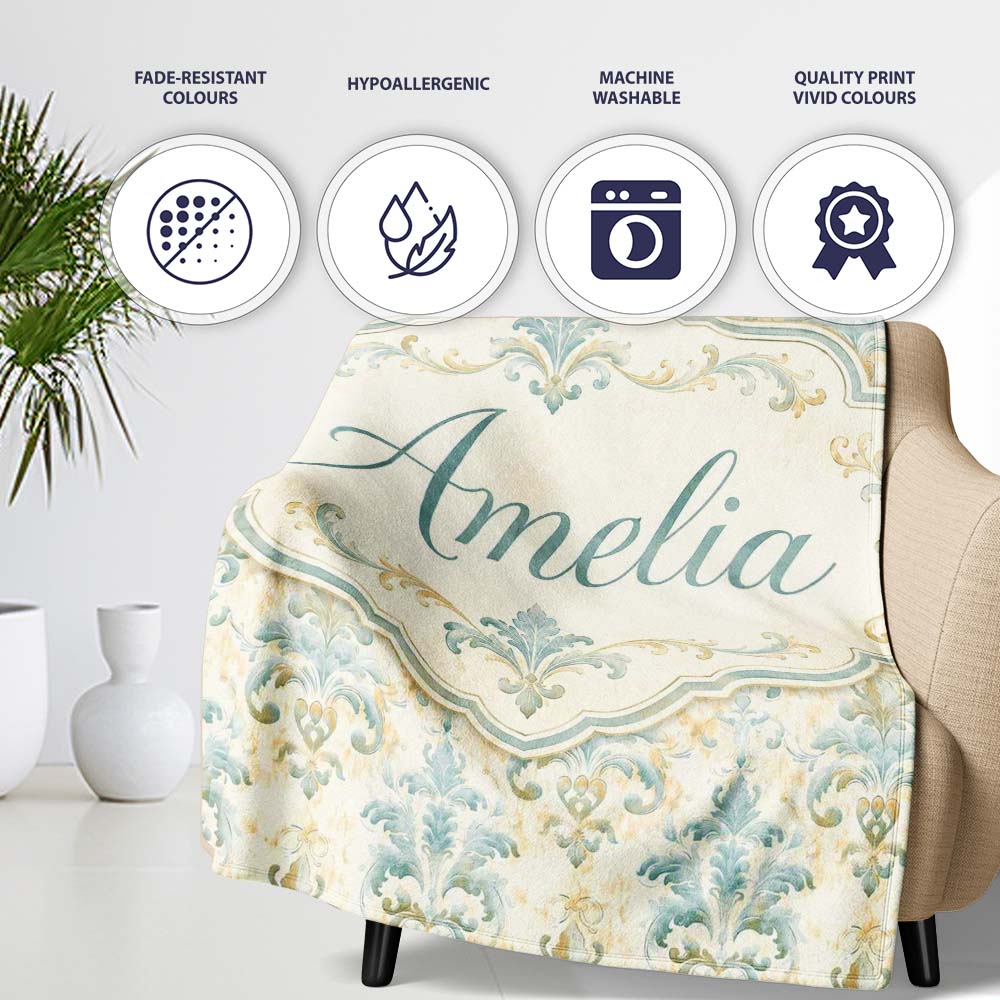 Soft Sage Green Classic Damask Elegant Seamless Pattern Name Cute Personalised Custom Name Super Soft Fleece Blanket Bed Sofa Throw