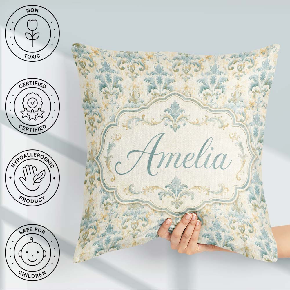 Custom Name Soft Sage Green Classic Damask Elegant Seamless Name Square Filled Cushion Throw Pillow Sofa Bed Home Decor Zip Washable UK Made