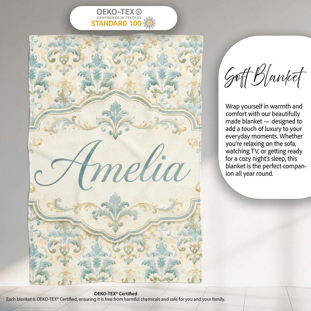 Soft Sage Green Classic Damask Elegant Seamless Pattern Name Cute Personalised Custom Name Super Soft Fleece Blanket Bed Sofa Throw