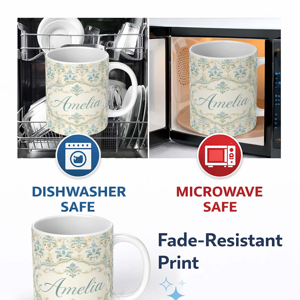 Personalized Custom Name Soft Sage Green Classic Damask Elegant Seamless Pattern Name Cute 11oz Ceramic Coffee Tea Mug White Large Handle