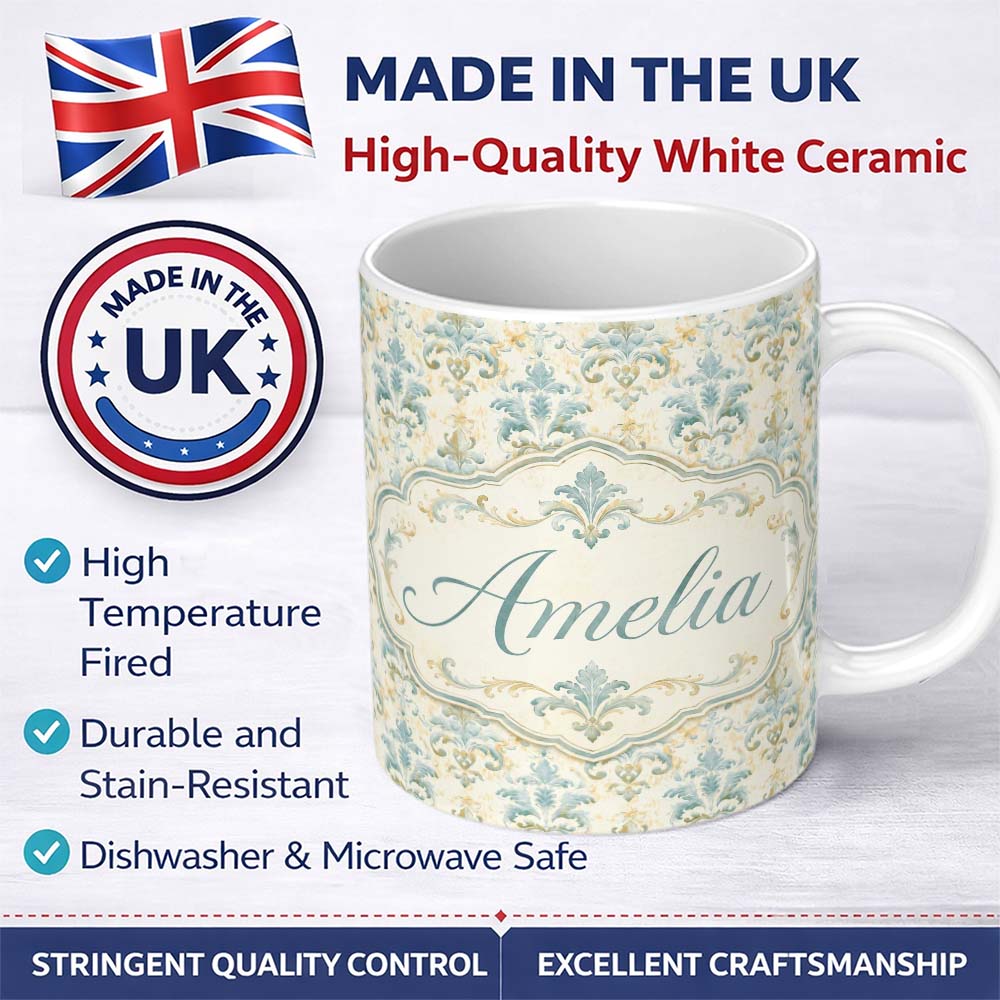 Personalized Custom Name Soft Sage Green Classic Damask Elegant Seamless Pattern Name Cute 11oz Ceramic Coffee Tea Mug White Large Handle