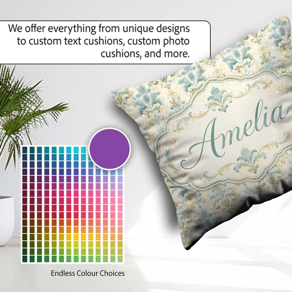 Custom Name Soft Sage Green Classic Damask Elegant Seamless Name Square Filled Cushion Throw Pillow Sofa Bed Home Decor Zip Washable UK Made