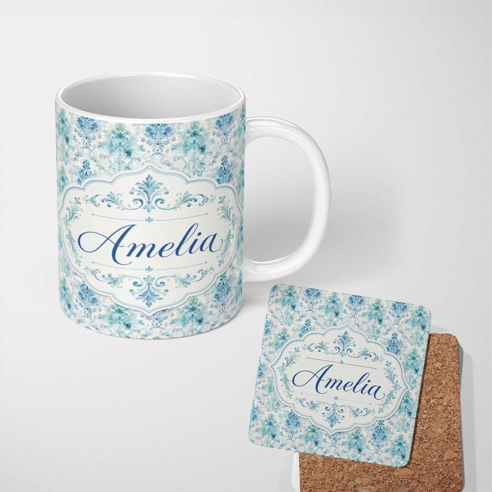 Personalized Custom Name Blue Watercolor Abstract Damask Artistic Seamless Pattern Custom 11oz Ceramic Coffee Tea Mug White Large Handle
