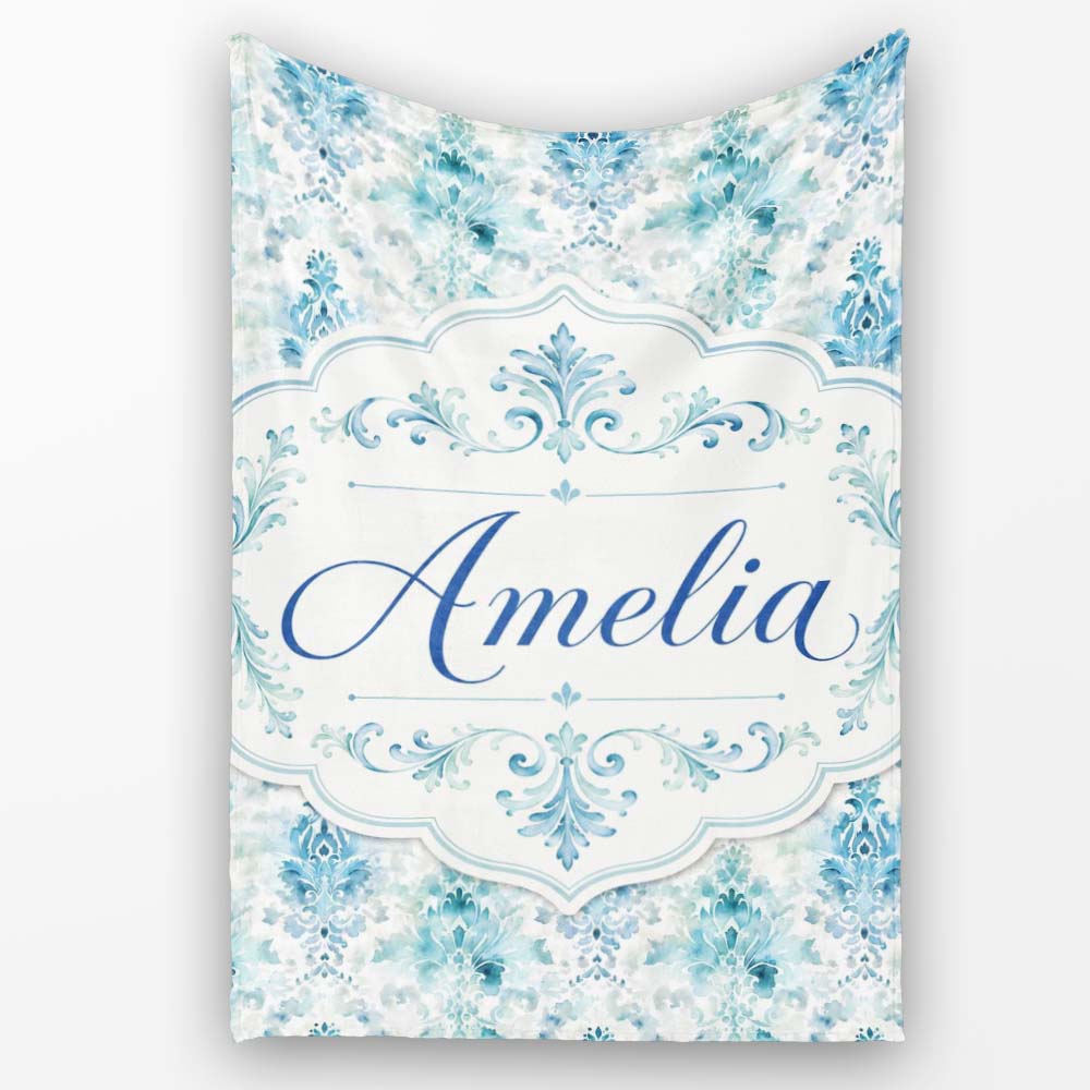 Blue Watercolor Abstract Damask Artistic Seamless Pattern Custom Personalised Custom Name Super Soft Fleece Blanket Bed Sofa Throw
