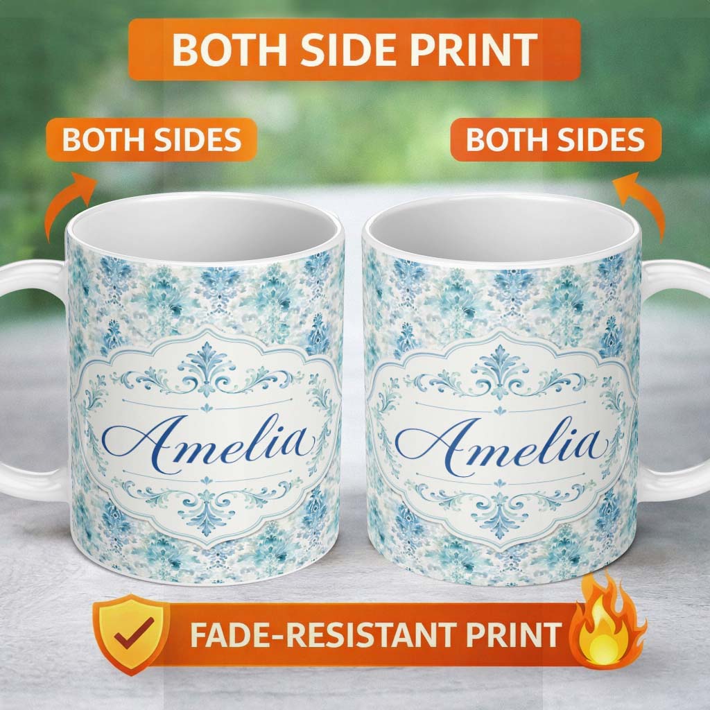 Personalized Custom Name Blue Watercolor Abstract Damask Artistic Seamless Pattern Custom 11oz Ceramic Coffee Tea Mug White Large Handle