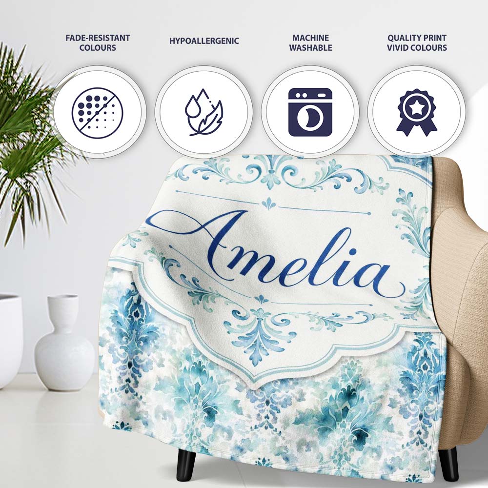 Blue Watercolor Abstract Damask Artistic Seamless Pattern Custom Personalised Custom Name Super Soft Fleece Blanket Bed Sofa Throw