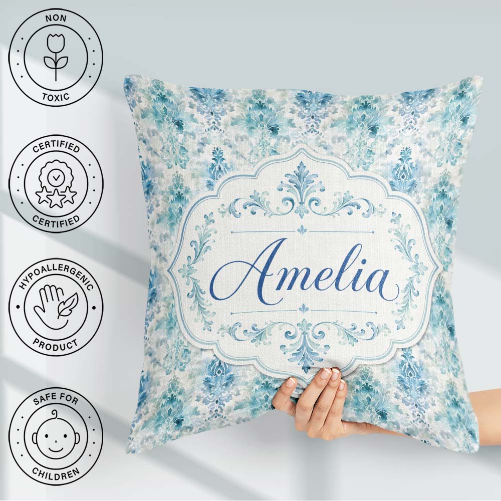 Custom Name Watercolor Abstract Damask Artistic Seamless Pattern Square Filled Cushion Throw Pillow Sofa Bed Home Decor Zip Washable UK Made