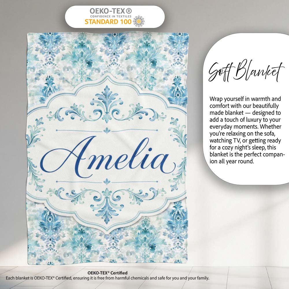 Blue Watercolor Abstract Damask Artistic Seamless Pattern Custom Personalised Custom Name Super Soft Fleece Blanket Bed Sofa Throw