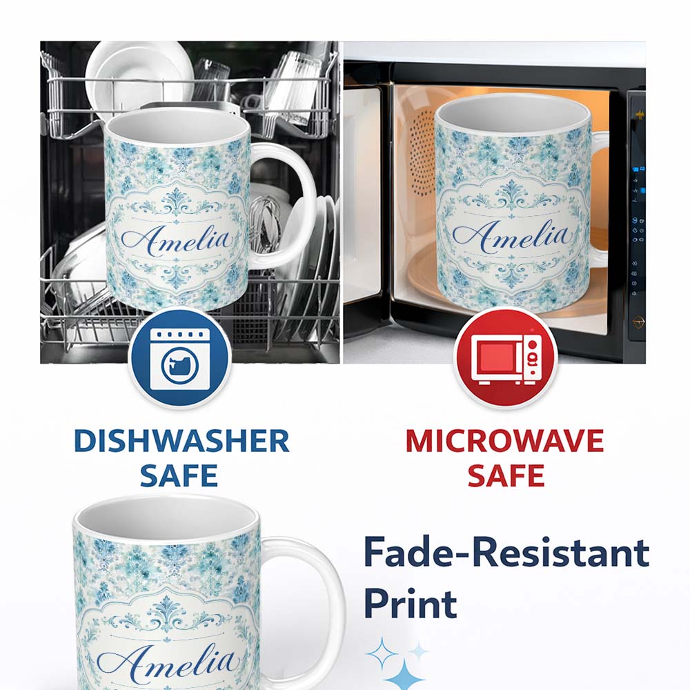 Personalized Custom Name Blue Watercolor Abstract Damask Artistic Seamless Pattern Custom 11oz Ceramic Coffee Tea Mug White Large Handle