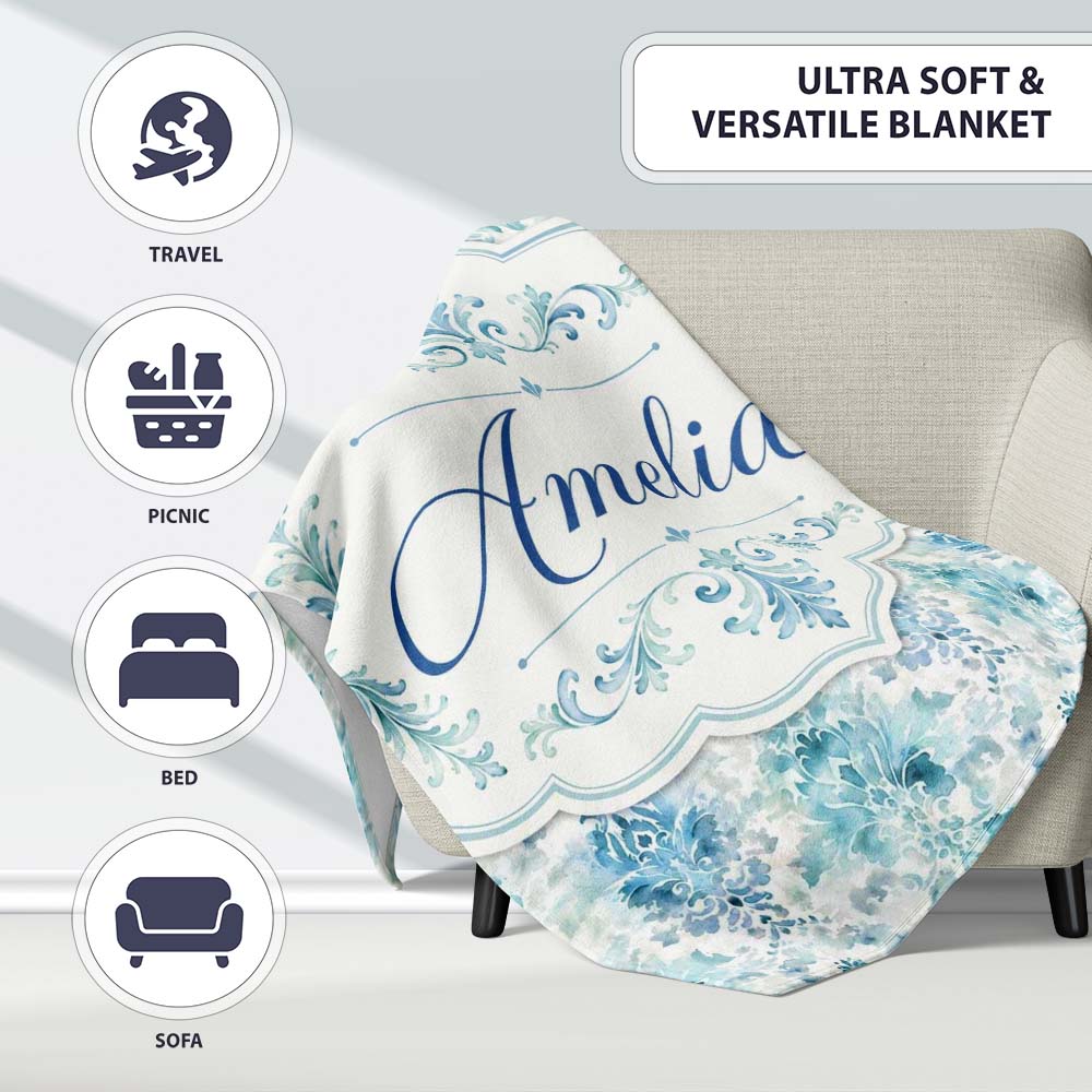 Blue Watercolor Abstract Damask Artistic Seamless Pattern Custom Personalised Custom Name Super Soft Fleece Blanket Bed Sofa Throw