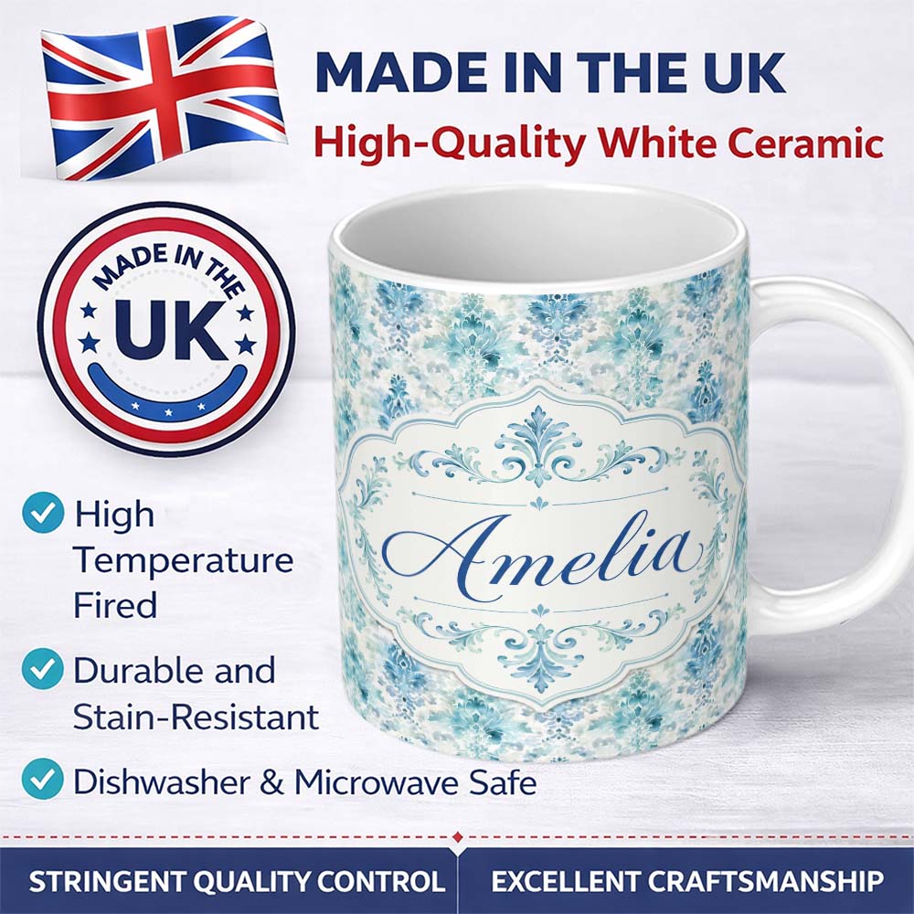 Personalized Custom Name Blue Watercolor Abstract Damask Artistic Seamless Pattern Custom 11oz Ceramic Coffee Tea Mug White Large Handle