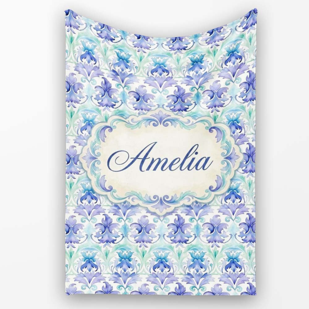 Purple Blue Floral Scroll Vintage Seamless Pattern Name Cute Unique Personalised Custom Name Super Soft Fleece Blanket Bed Sofa Throw